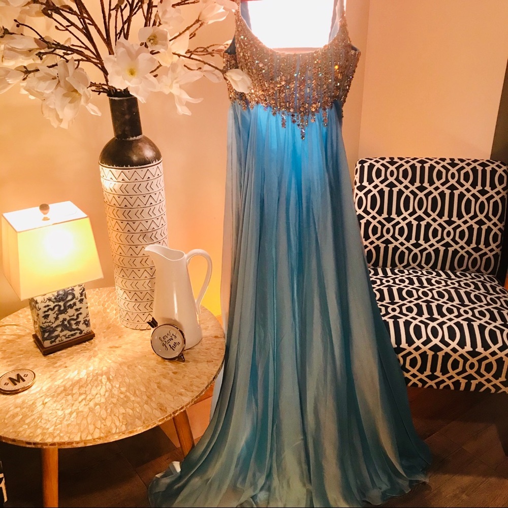 Ice Blue and Gold Sequined Gown